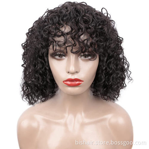 Black Women Laceless Wig Brazilian Wig with Bangs 150% Density Black water Wave hair Seamless Human Hair Wig Remy Hair Wholesale